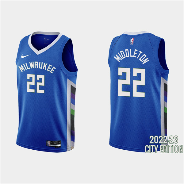Men's Milwaukee Bucks #22 Khris Middleton 2022-23 Blue City Edition Stitched Basketball Jersey
